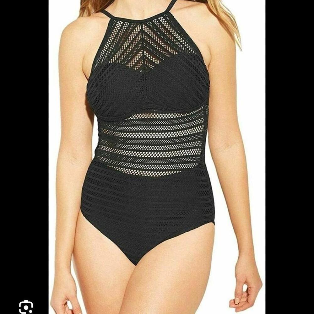 Kona sol black one piece high neck mesh swimsuit L